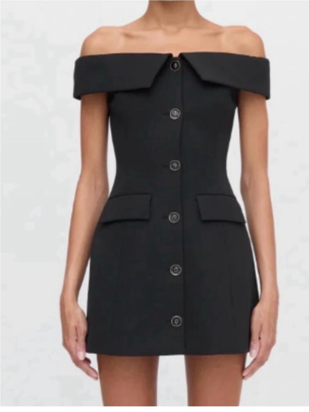 Hill House Mattia Black Off-Shoulder Button-Front Mini Dress